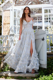 Lídia | Vestido Longo Floral em Tule com Fenda e Decote em V Profundo
