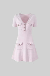 Isabela | Vestido Curto em Tricô Evasê Rosa com Botões