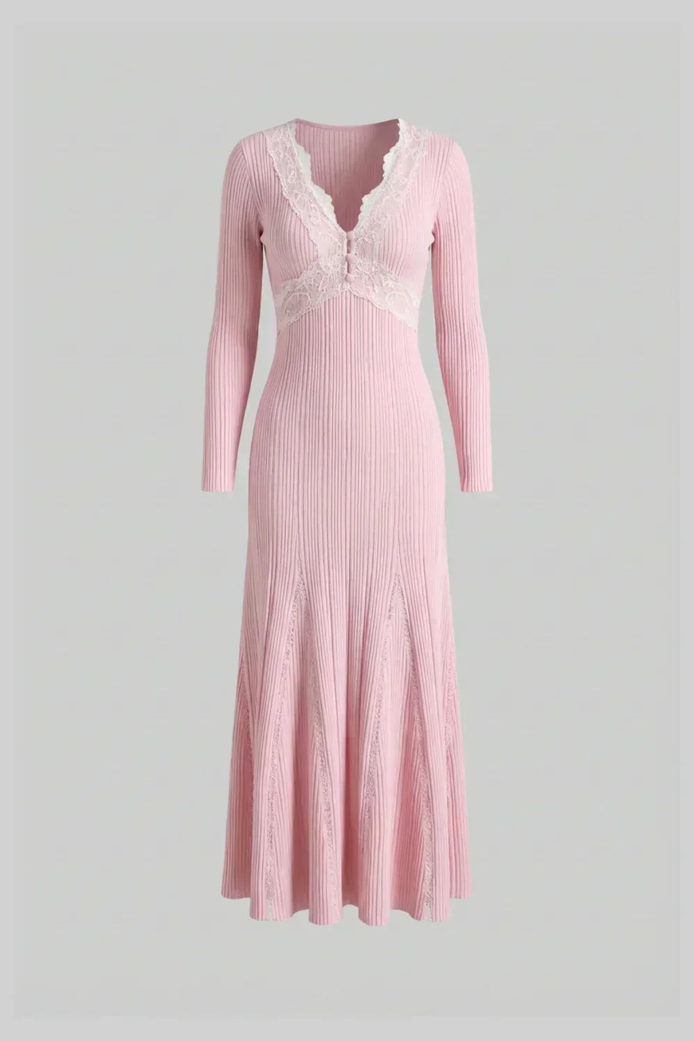 Letícia | Vestido Midi Canelado Rosa com Detalhes em Renda