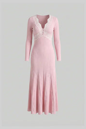 Letícia | Vestido Midi Canelado Rosa com Detalhes em Renda