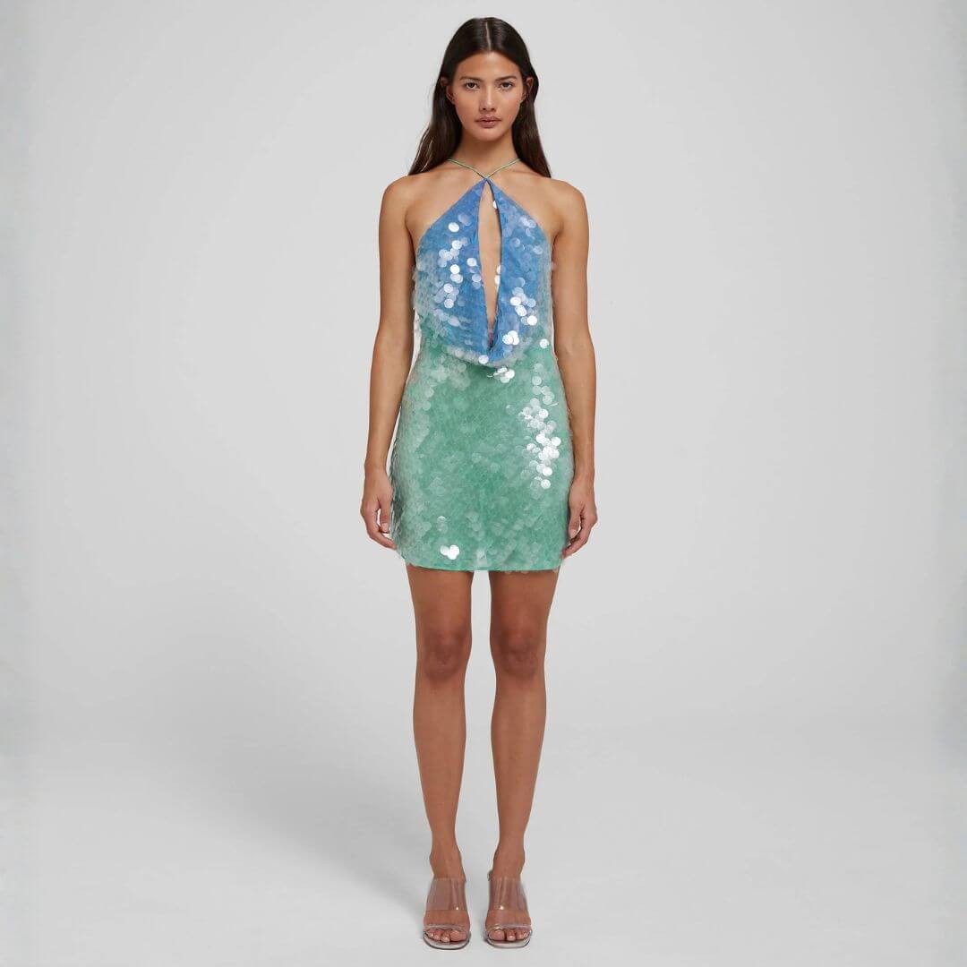 Amelie | Vestido Mini em Paetê Verde Água com Halter Assimétrico