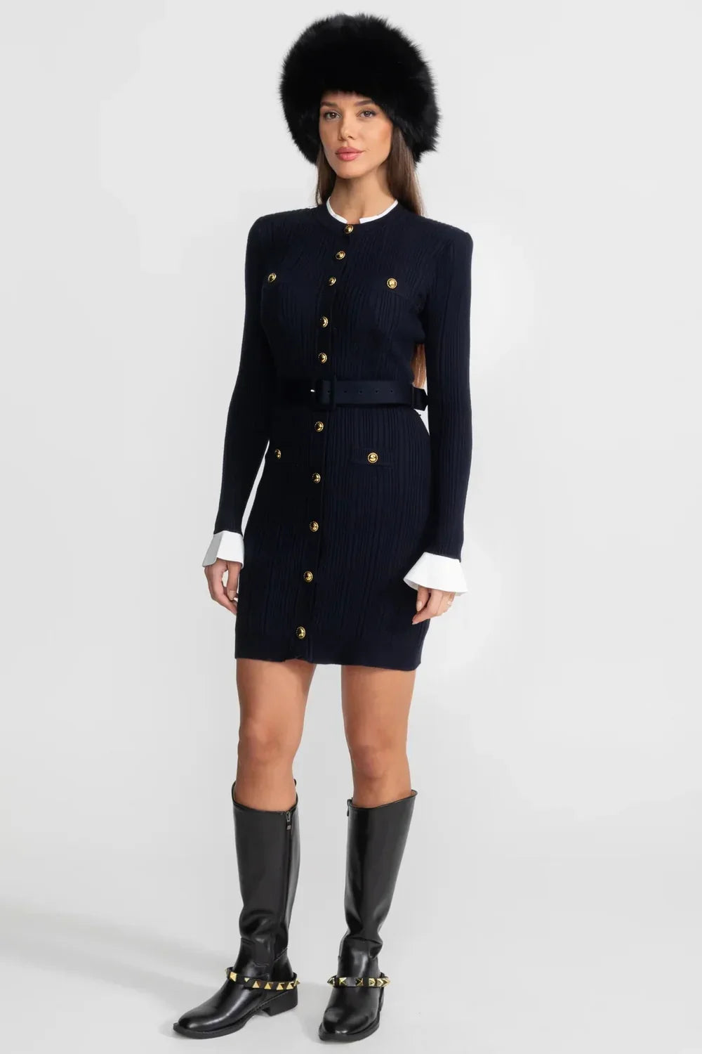 Vestido Midi Canelado com Detalhes em Splicing e Mangas Trombeta