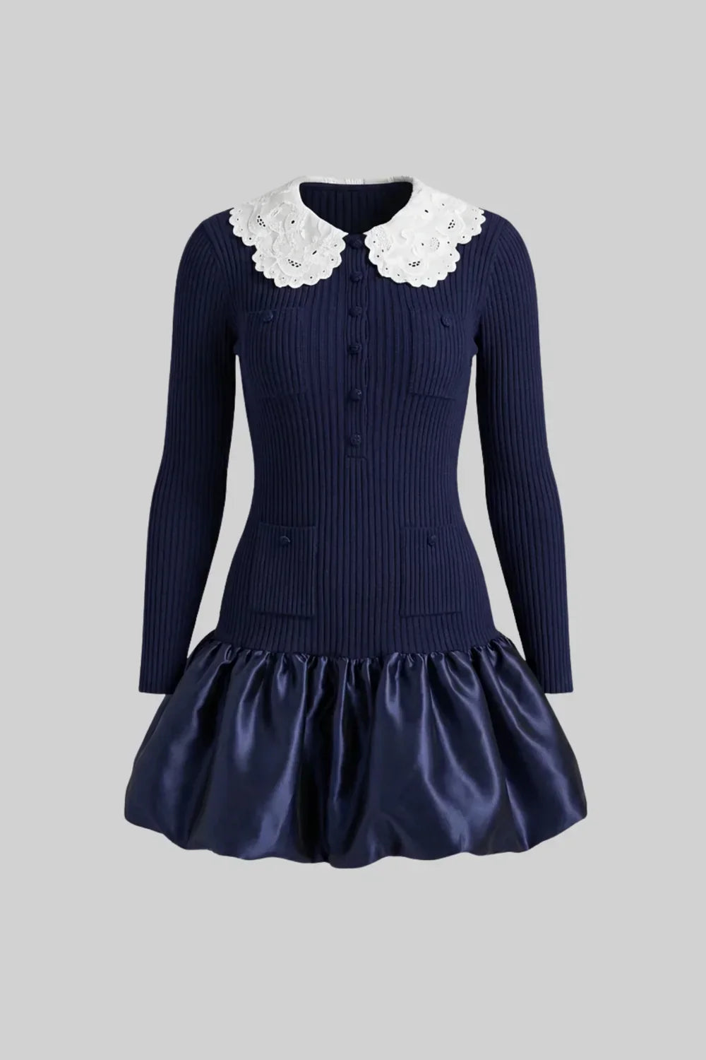 Vestido Mini de Luxo com Detalhes em Renda, Mangas Longas e Saia de Volume