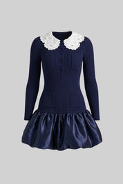 Vestido Mini de Luxo com Detalhes em Renda, Mangas Longas e Saia de Volume