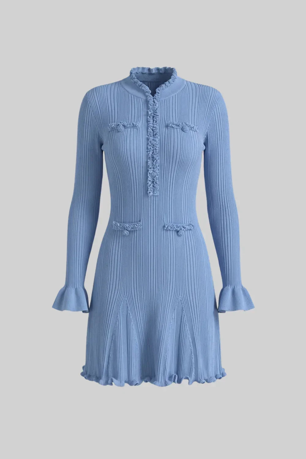 Vestido Curto Manga Longa com Acabamento de Pedraria e Punhos em Sino