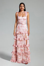 Vestido Longo Estampado Plissado com Decote Quadrado — Elegância Atemporal