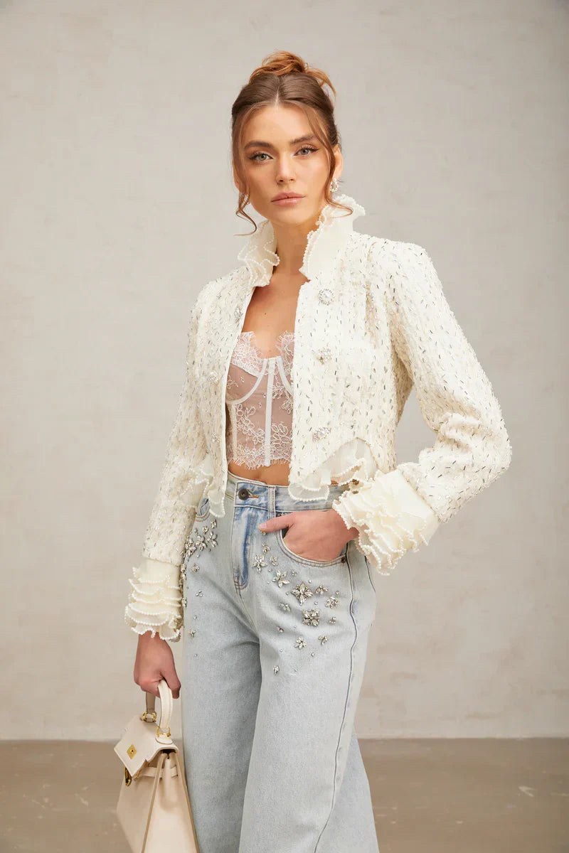 Margot | Casaco Curto em Tweed Branco com Pérolas e Pedrarias