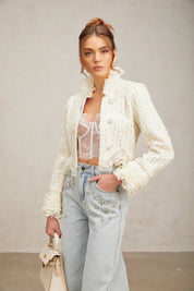 Margot | Casaco Curto em Tweed Branco com Pérolas e Pedrarias