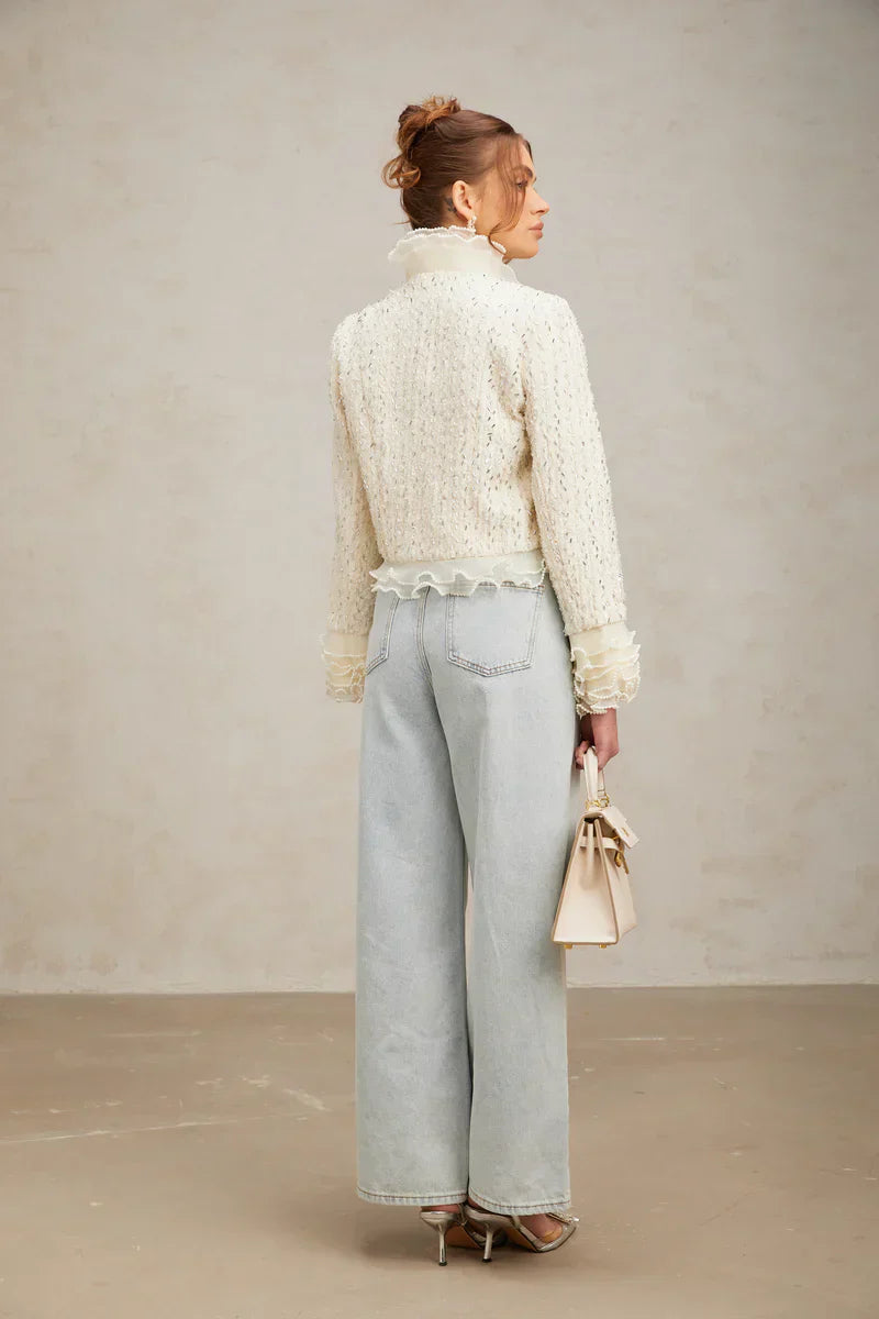 Margot | Casaco Curto em Tweed Branco com Pérolas e Pedrarias