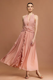 Vestido Longo Rosa com Decote V, Costas Abertas e Acabamento Floral