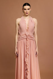 Vestido Longo Rosa com Decote V, Costas Abertas e Acabamento Floral