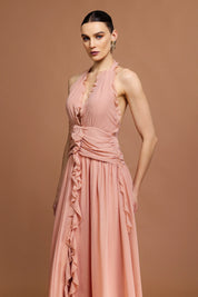 Vestido Longo Rosa com Decote V, Costas Abertas e Acabamento Floral