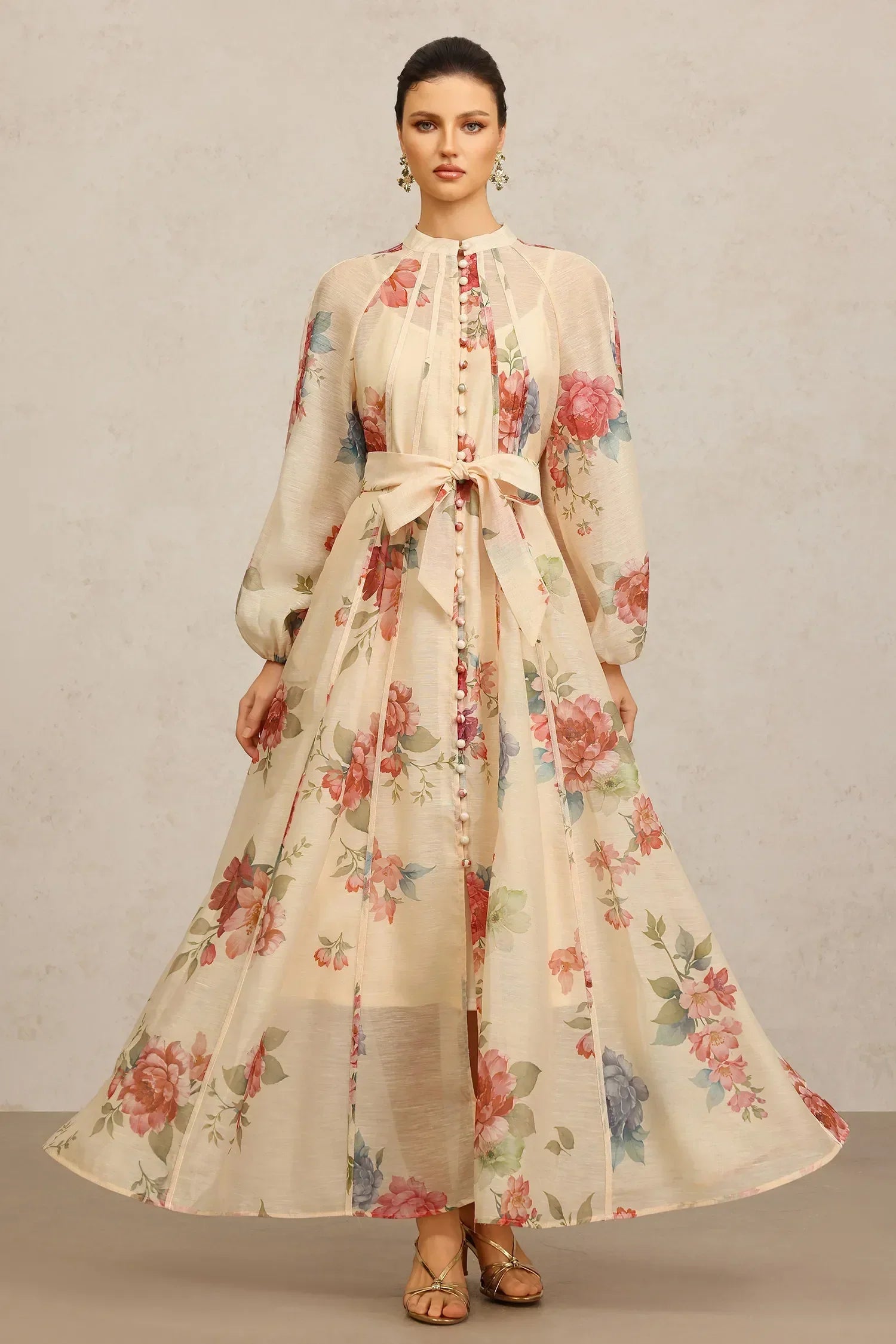 Vestido Longo de Manga Longa com Estampa Floral