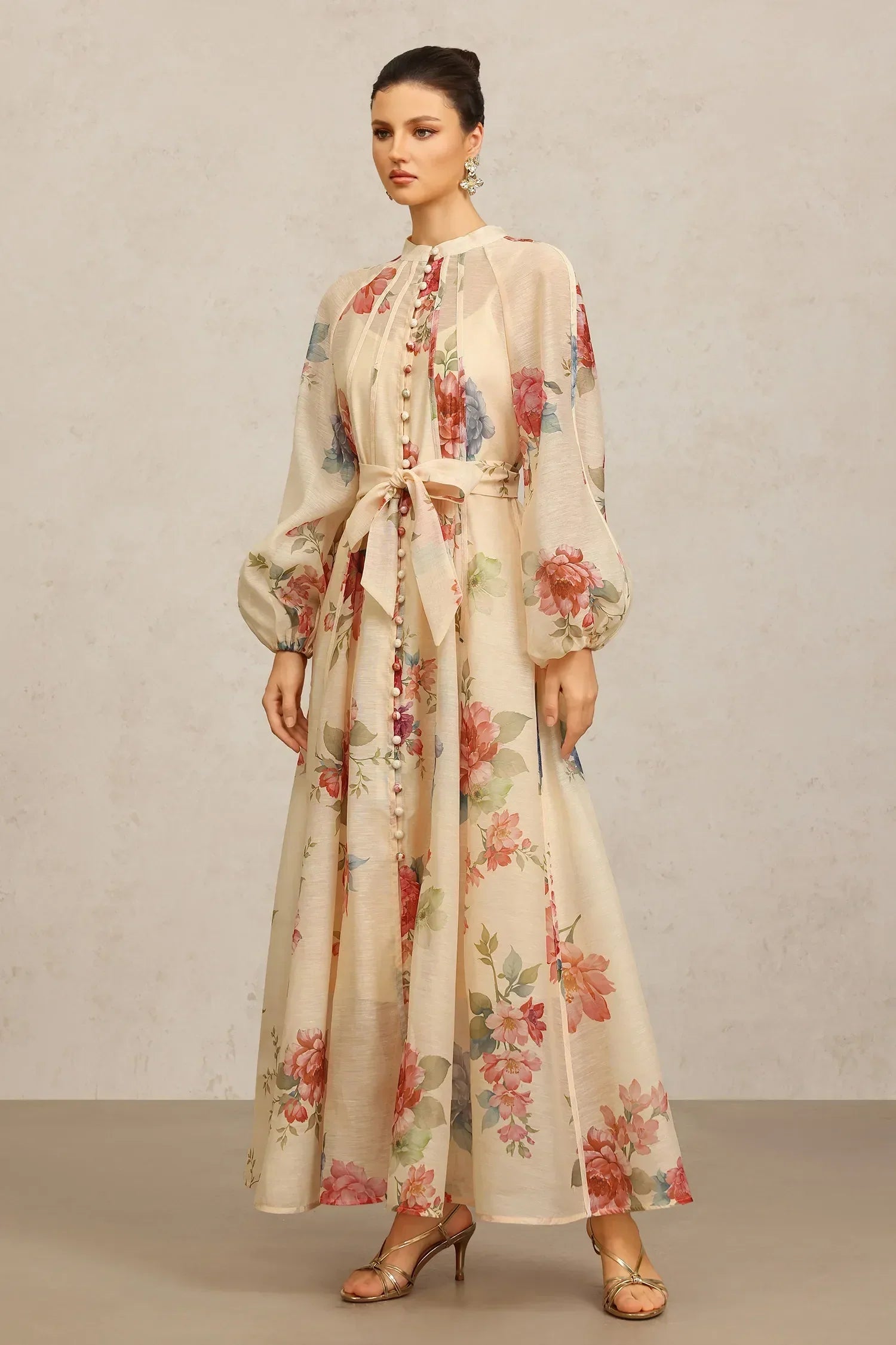 Vestido Longo de Manga Longa com Estampa Floral