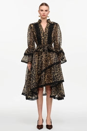 Vestido Midi com Estampa Animal Print, Decote V, Manga Ampla e Cintura Alta Assimétrica