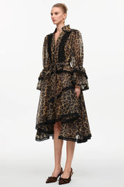 Vestido Midi com Estampa Animal Print, Decote V, Manga Ampla e Cintura Alta Assimétrica