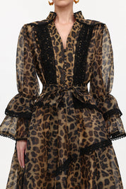 Vestido Midi com Estampa Animal Print, Decote V, Manga Ampla e Cintura Alta Assimétrica