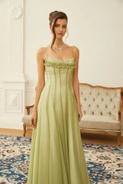 Vestido Longo com Corpete Detalhes em Tule e Franzido