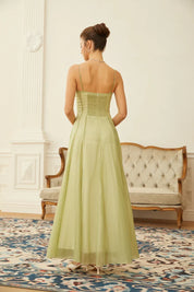 Vestido Longo com Corpete Detalhes em Tule e Franzido
