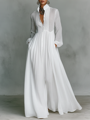 Aurora | Vestido Longo Branco com Decote em V, Manga Longa e Saia Ampla