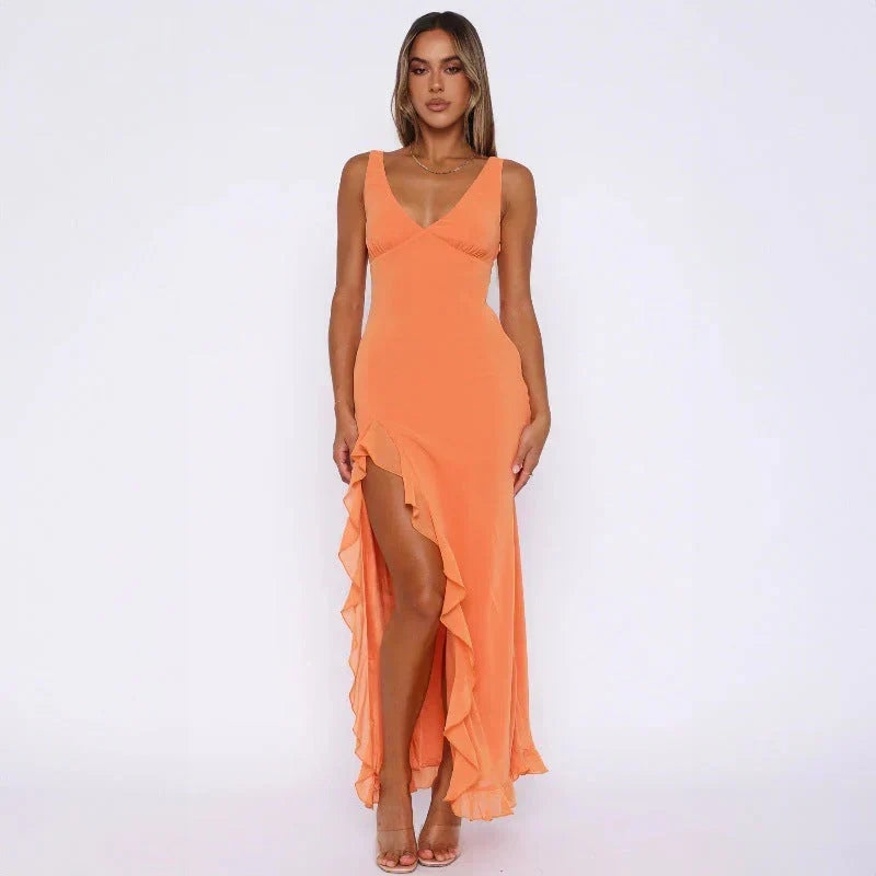 Zaretha | Vestido Longo Amarelo com Alças Finas e Fenda Alta