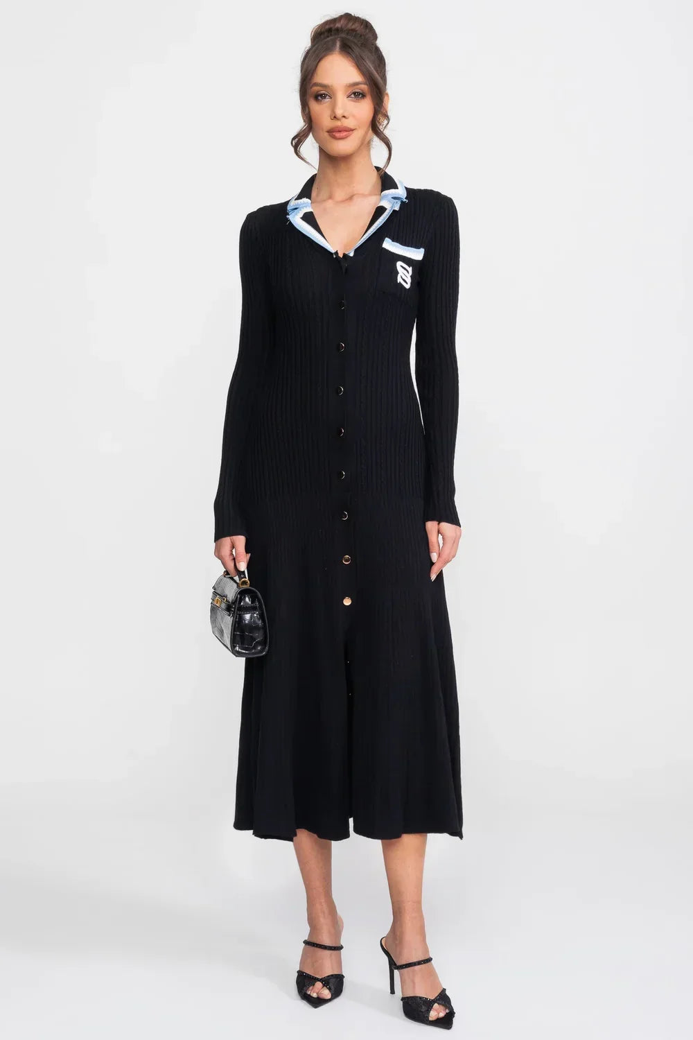 Vestido Longo em Tricô Canelado com Gola Polo e Mangas Alinhadas