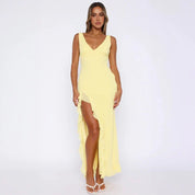 Zaretha | Vestido Longo Amarelo com Alças Finas e Fenda Alta