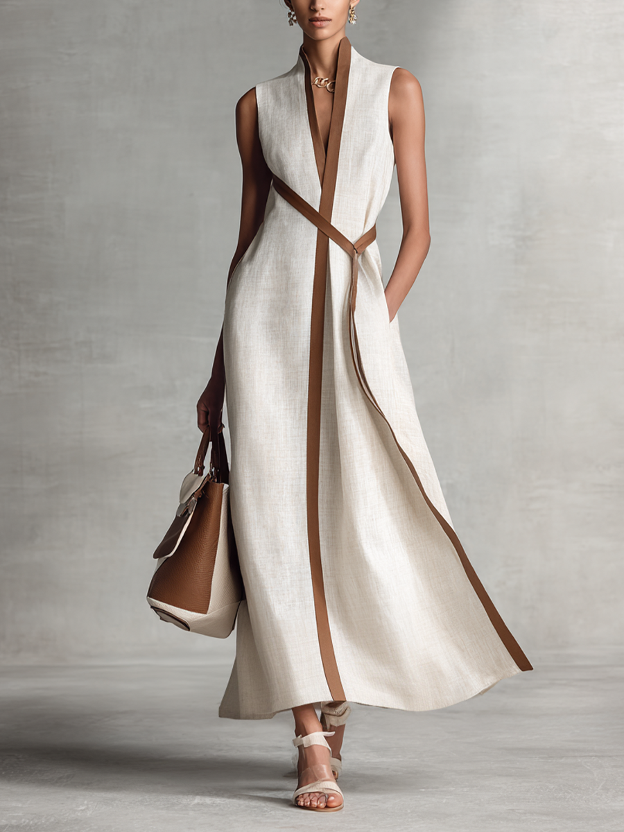 Constância | Vestido Longo Off-White em Linho com Decote V e Corte Fluido