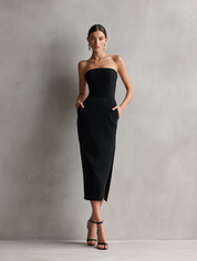 Nara | Vestido Midi Preto Tomara que Caia com Bolsos