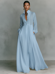Aurora | Vestido Longo Branco com Decote em V, Manga Longa e Saia Ampla