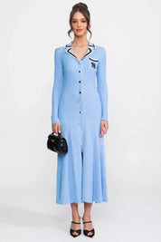 Vestido Longo em Tricô Canelado com Gola Polo e Mangas Alinhadas