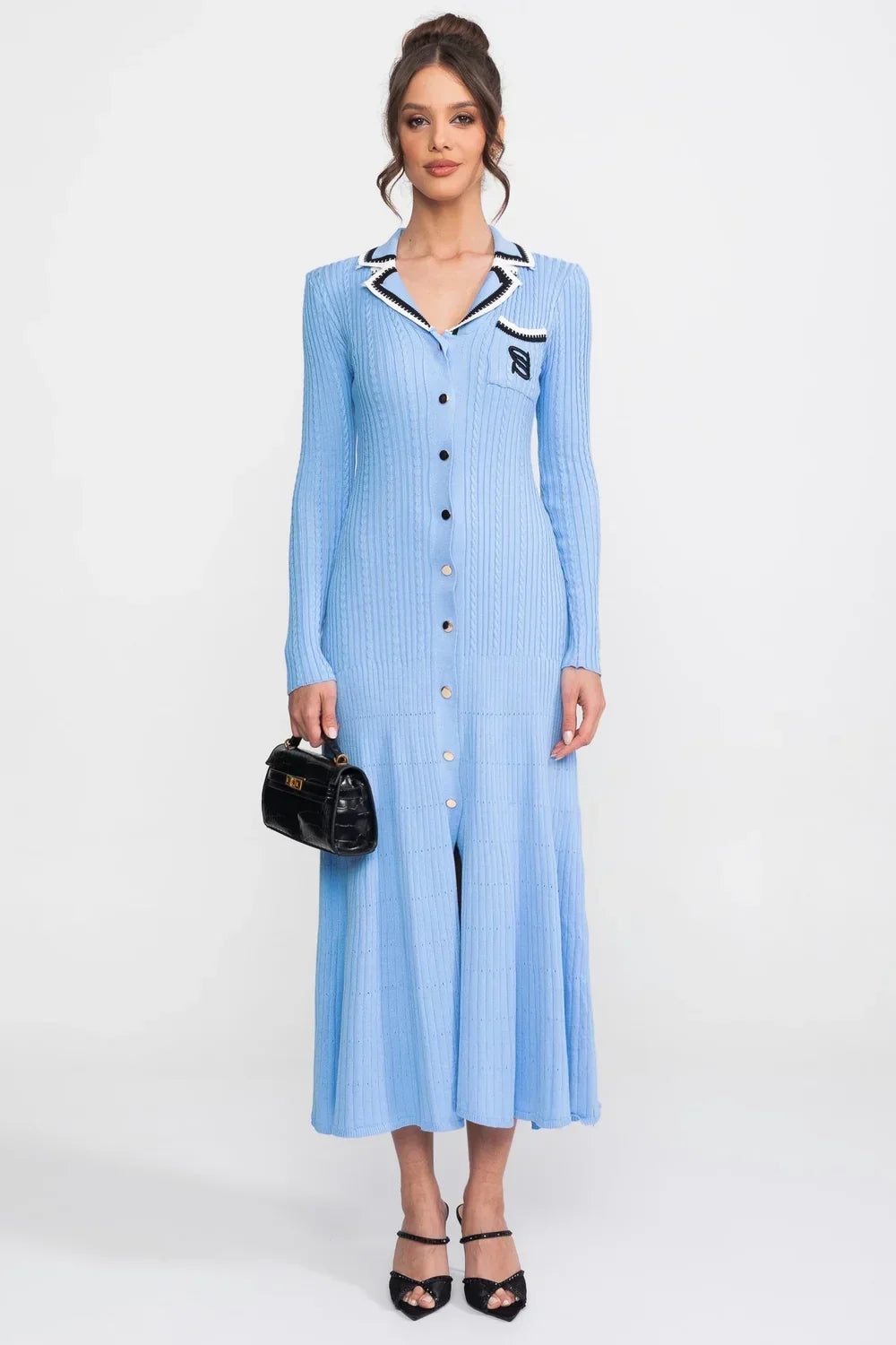 Vestido Longo em Tricô Canelado com Gola Polo e Mangas Alinhadas