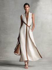 Constância | Vestido Longo Off-White em Linho com Decote V e Corte Fluido