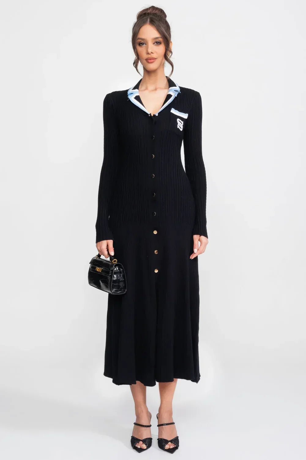 Vestido Longo em Tricô Canelado com Gola Polo e Mangas Alinhadas