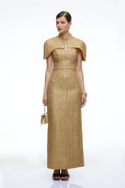 Conjunto Elegante em Tweed e Vestido Longo Escultural