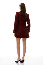 Casaco Vestido Mid-Length em Tweed Bordô com Botões Ornamentais