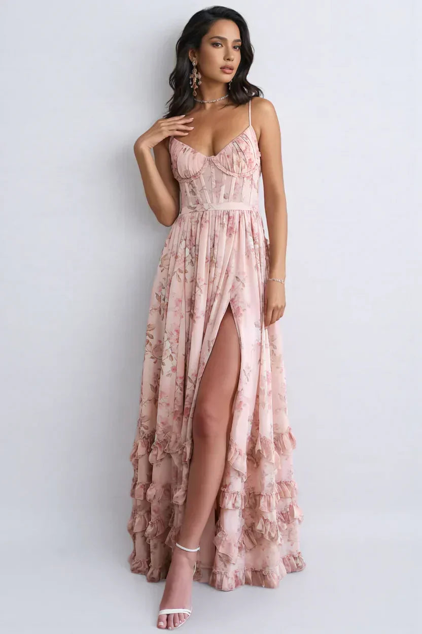 Lídia | Vestido Longo Floral em Tule com Fenda e Decote em V Profundo