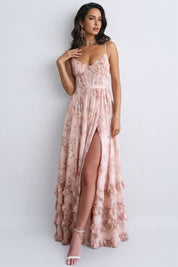 Lídia | Vestido Longo Floral em Tule com Fenda e Decote em V Profundo