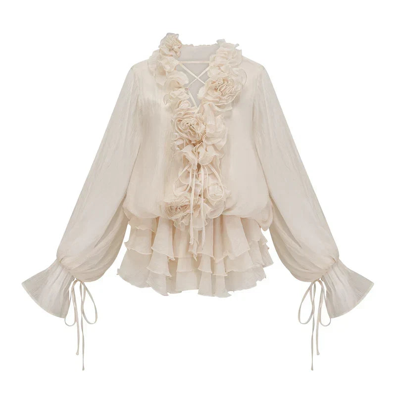 Vestido Flores em 3D, Decote em V e Detalhes em Babados