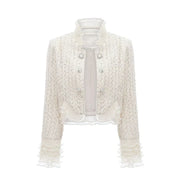 Margot | Casaco Curto em Tweed Branco com Pérolas e Pedrarias