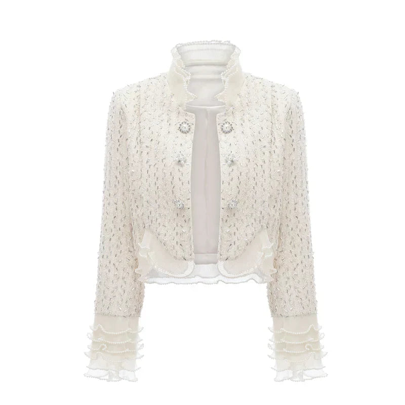 Margot | Casaco Curto em Tweed Branco com Pérolas e Pedrarias