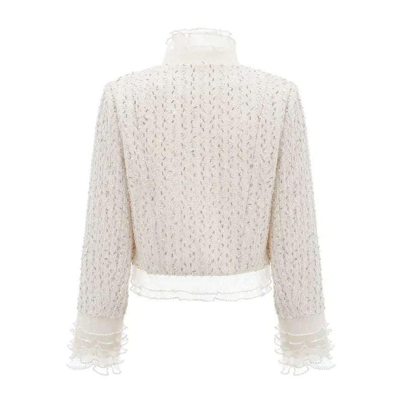 Margot | Casaco Curto em Tweed Branco com Pérolas e Pedrarias