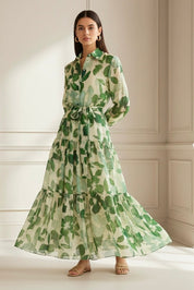 Lorena | Vestido Longo Estampado com Cintura Marcada e Manga Longa