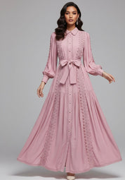 Mariana | Vestido Longo em Renda Patchwork com Botões e Cintura Ajustável