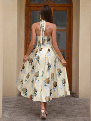 Benedita | Vestido Midi Floral com Alças Finas, Costas Abertas e Saia Rodada