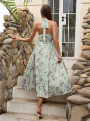 Benedita | Vestido Midi Floral com Alças Finas, Costas Abertas e Saia Rodada