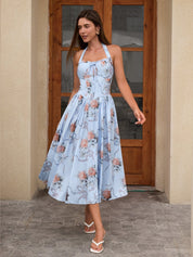 Benedita | Vestido Midi Floral com Alças Finas, Costas Abertas e Saia Rodada