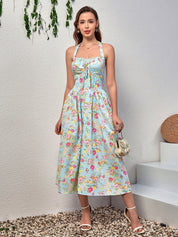 Benedita | Vestido Midi Floral com Alças Finas, Costas Abertas e Saia Rodada