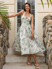 Benedita | Vestido Midi Floral com Alças Finas, Costas Abertas e Saia Rodada
