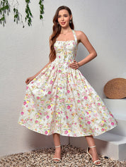 Benedita | Vestido Midi Floral com Alças Finas, Costas Abertas e Saia Rodada